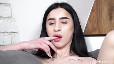 Solo naked long-haired girl Elizamars plays on the couch with a sex toy in 4K.