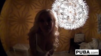 Sexy blonde in a retro tease and solo