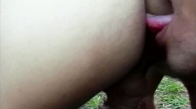 Horny dude licks and bangs a shemale with big ass outside before she bangs him