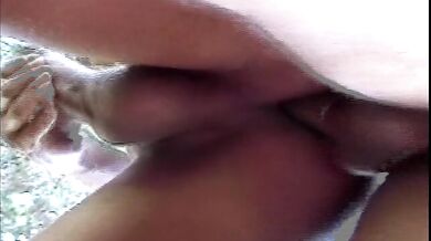 Shemale with small boobs gets her shaved ass licked and rammed by a guy outside