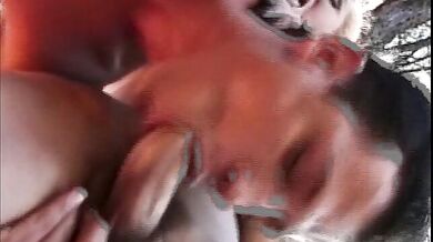 Tattooed guy blows a blonde shemale with hairy cock and bangs her asshole outdoor