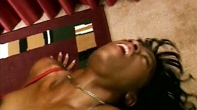 Black babe gets her hairy pussy destroyed by a massive dude with big dick on the floor