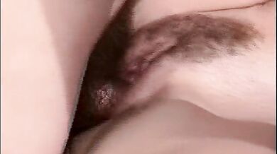 Naughty girl plays with her hairy pussy before getting boned in hot threesome