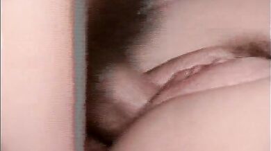 Naughty girl plays with her hairy pussy before getting boned in hot threesome