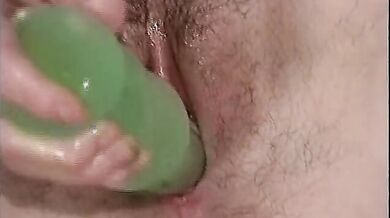 Guy pumps a hot chick with tight bush after she plays with a big toy on the bed