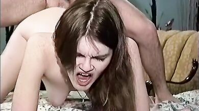 Guy pumps a hot chick with tight bush after she plays with a big toy on the bed