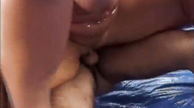 Blonde muscular MILF rides a guy with hairy cock outdoor