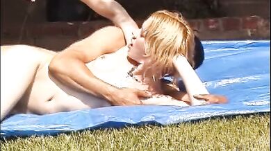 Cute blonde tries to play tennis in high heels and gets deep pussy fuck from a black dude outdoor