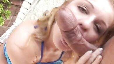 Horny blonde gets her cunt banged by a black gardener on the sunbed while husband is not home