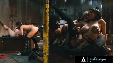Dirty Babes have Wild Rough Orgy in Abandoned Factory! Strap-on, Fingering, &