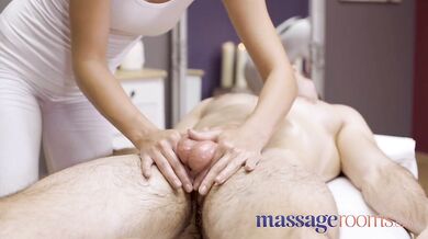Massage Rooms Sexy pert young masseuse Katy Rose gives oily hand job