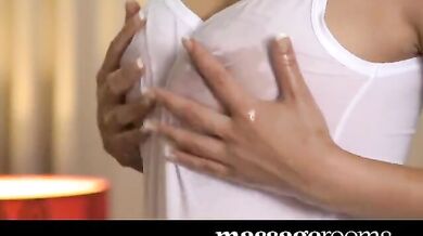 Rita oils up her huge juicy breasts on a big